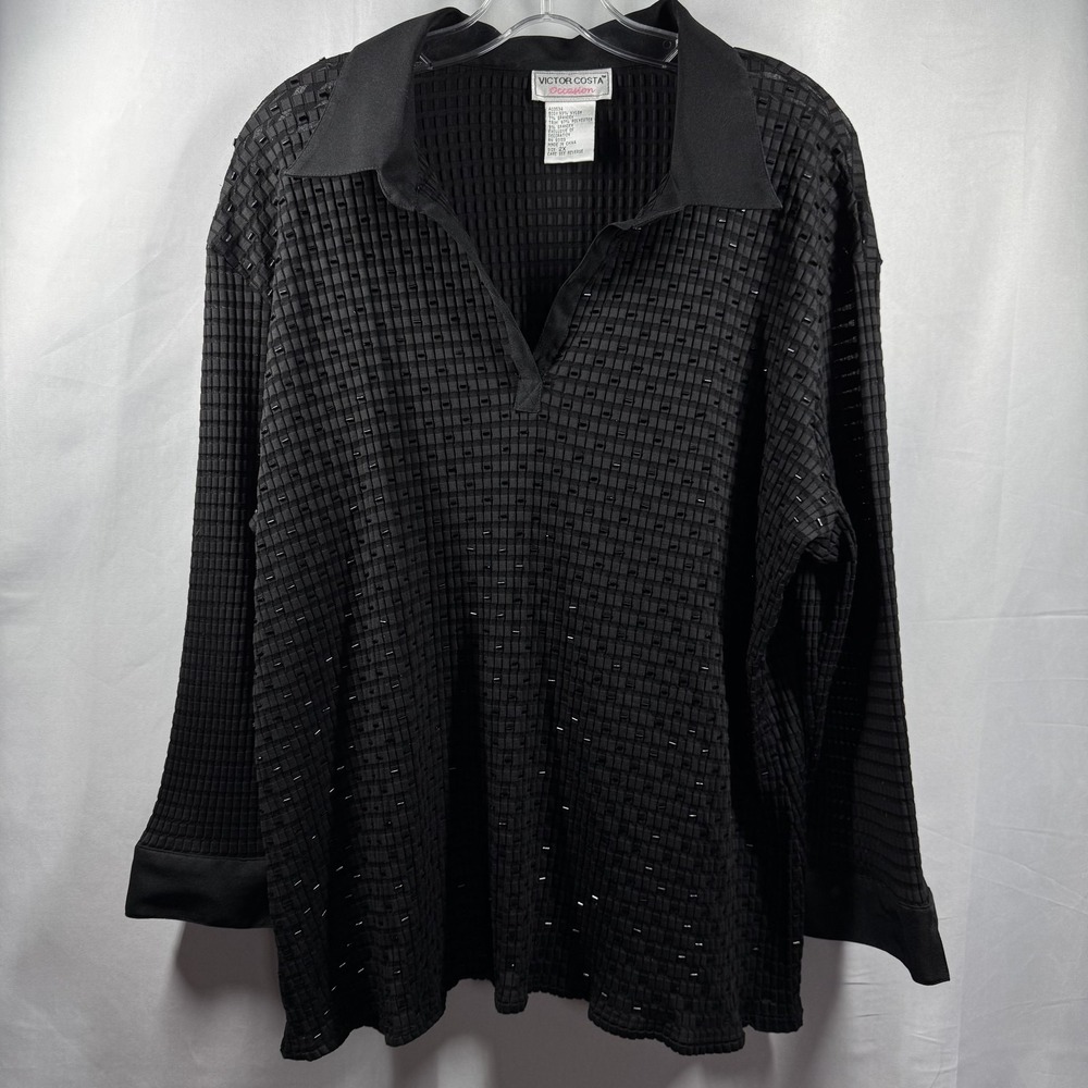 Victor Costa Occasion Pullover Womens‎ 2X Black Textured Beaded Long Sleeve Top